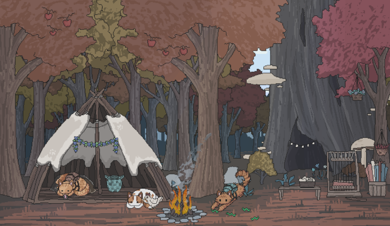 a scene in an autumn wood, a tent like shelter, two cats are sleeping in and in front of it, there's a bonfire, a third cat is playing with some green worms, there's a hollow tree in the background, a weaving loom in front of that, there is some decoration in the trees as well.