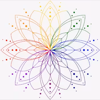 line drawing of a 16 petal mandala, divided into 8 sections, were each section is a different colour, clockwise from the top: gold, green, blue, darkblue, darkviolet, purple, red, orange. There are 8 larger petals, each of which is made up of four different size petals, connected at the centre. 5 dots each, in different sizes, sit in a row in the top half of each petal. Between each of those petals is another, smaller petal where each side of the petal is the colour of the petal next to it. There are 3 dots of different sizes in one row between each of the 16 petals, coloured in the respective colour.