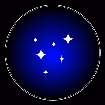 logo of the United Federation of Planets at the time of Star Trek: Discovery, season 3. Black background which is fading into blue towards the center in a circular fashion. Two white circles define the borders of the logo. Inside the circles are two big for pointed stars and 5 smaller ones, scattered across the space.