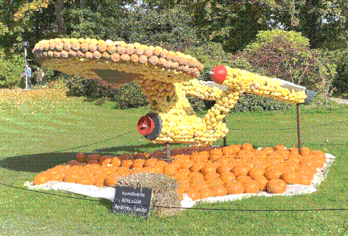 A dithered photo of a large model the original Enterprise made out of squash and wood accents. The colours are reduced to anthracite and orange.